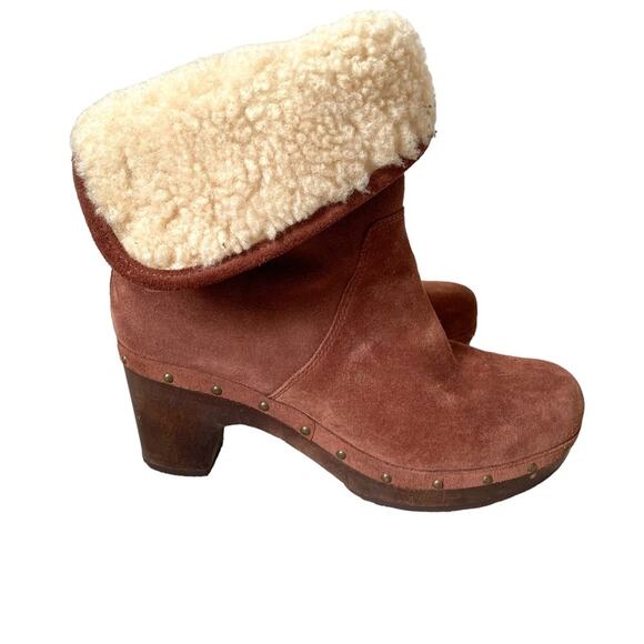 UGG Lynnea Chestnut Brown Suede Leather Shearling Wooden Heel Ankle Boots size 7 - Picture 1 of 11